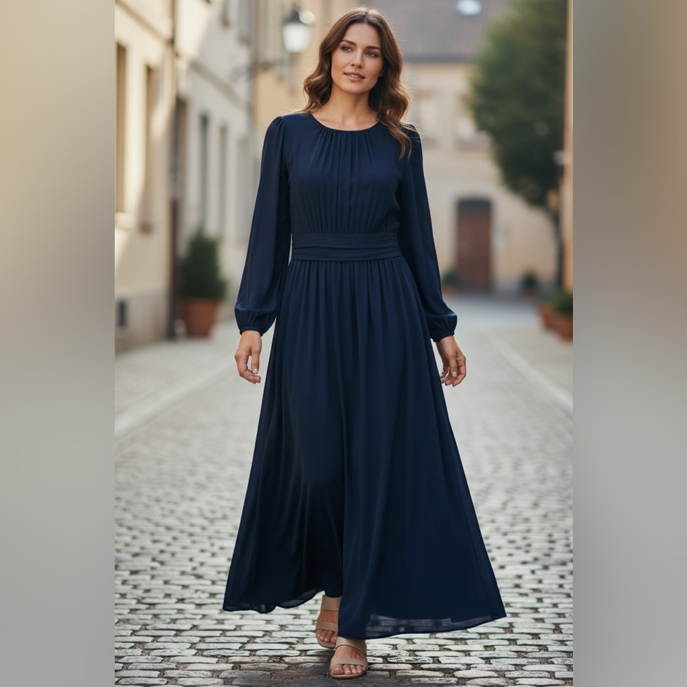 Navy Blue Maxi Conservative Women's Dress - Picture 2 of 3